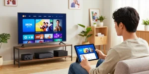 Configuration de l'application iron iptv sur un Smart TV dans un salon moderne.