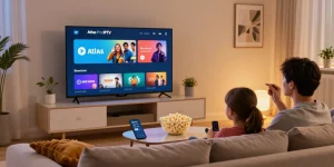 Regard sur l'application Atlas Pro IPTV sur le téléviseur dans un salon confortable pendant une soirée cinéma familiale.