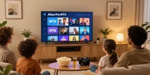 Famille profitant des chaînes Atlas Pro IPTV sur Smart TV dans un salon confortable.